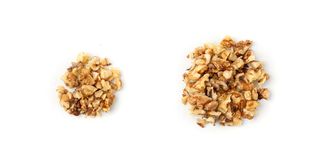 Chopped wallnut , broken roasted walnuts powder, heap of nuts crumbs, whole kernel pieces