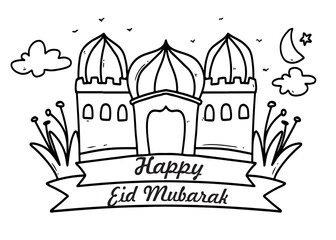 Black and white line art drawing of a mosque with a Happy Eid Mubarak banner, crescent moon, and stars.