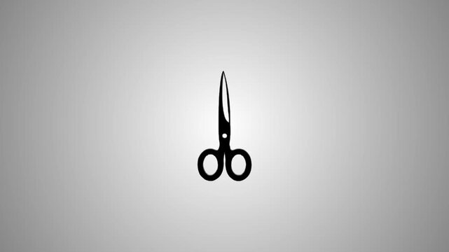 A pair of sharp black scissors with a shiny metallic finish appears in a dynamic animation on a clean gray background
