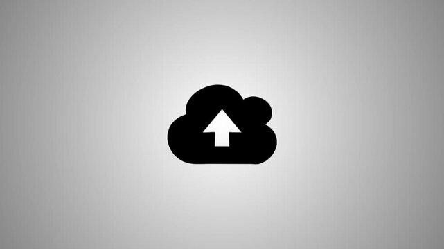 Minimalist cloud upload animation featuring black icon with white arrow moving into center on gray background