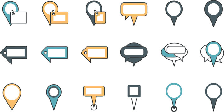 Location Marker and Label Icon Set with Map Pins, Tags, Speech Bubbles, Callouts, and Navigation Indicators for Web, App, and Interface Design