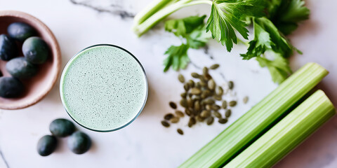 Fototapeta premium Green detox smoothie with fresh celery stalks, pumpkin seeds, and plant based superfoods for a healthy lifestyle