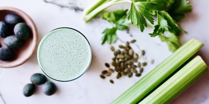 Green detox smoothie with fresh celery stalks, pumpkin seeds, and plant based superfoods for a healthy lifestyle