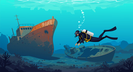 Vector illustration of a scuba diver exploring a sunken shipwreck on the ocean floor, underwater adventure © PDWN Creative