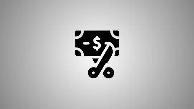 Isometric cutting price icon animation showing scissors slicing dollar bill for discount or cost reduction concept