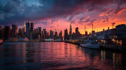Fototapeta premium Dusk over New York skyline with glowing city lights, warm evening tones, urban architecture, high-rise buildings, soft twilight sky, cityscape background