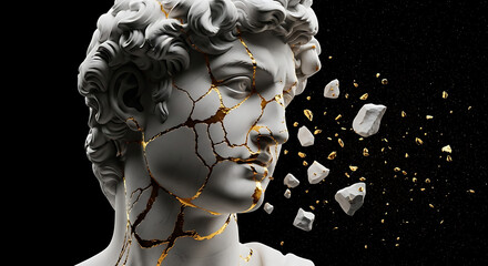 Fototapeta premium Cracked David Statue Head Breaking Apart.