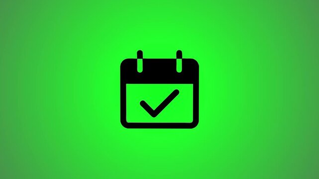 Animated calendar icon with a checkmark on a green screen, symbolizing successful completion or scheduled event