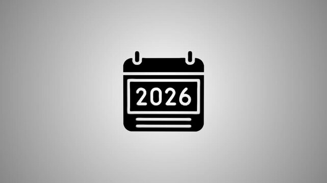 Minimalist calendar 2026 animation on gray background showing upcoming year planning concept in isometric motion graphics style