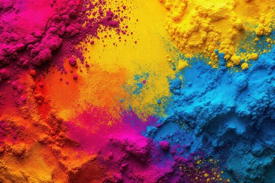 Abstract background of vibrant Holi powder pigments. Colorful multicolored dust texture for festival celebration. Top view of pink yellow and blue powder explosion