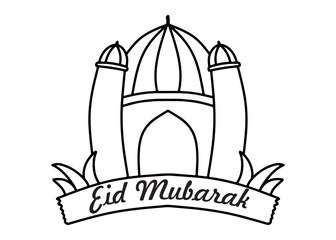 Black and white line art illustration of a mosque with a dome and two minarets, featuring a banner with 'Eid Mubarak' text, suitable for a greeting card or coloring page.