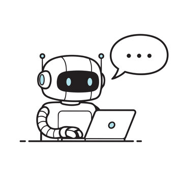 Minimalist line art illustration of a cute robot using a laptop for online chat. Ideal for AI technology, virtual assistant, customer support, and chatbot messaging concepts.
