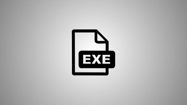 A dynamic animation reveals a sleek black and white exe file icon, symbolizing executable software and digital processes