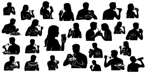 Huge set of people silhouettes eating and drinking various food including burger, pizza, noodles, salad, and coffee isolated