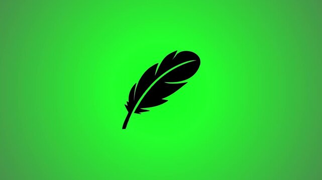 A motion graphic animation of a sleek black feather smoothly transforming and shining against a vibrant green screen backdrop