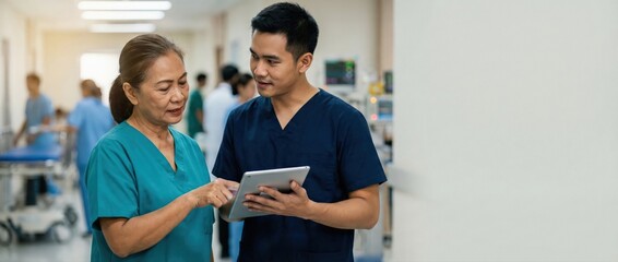 Obraz premium Asian nurse and senior doctor discussing medical records on digital tablet in hospital corridor Professional healthcare team collaborating using technology Concept of mentorship and medical teamwork