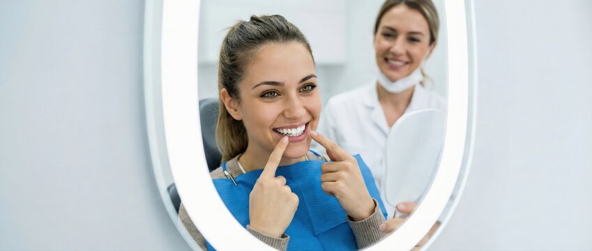Happy woman patient checking white teeth in mirror at dental clinic, pointing to smile with satisfaction while female dentist watches Concept of oral hygiene, whitening care and stomatology health