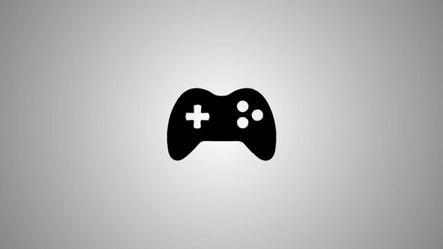 Black and white video game controller icon appears and shines on a gradient background, representing modern gaming and digital entertainment