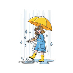 Joyful girl in raincoat and boots with yellow umbrella splashing in puddles.