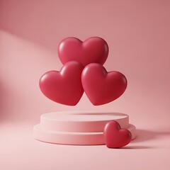 Four vibrant red heart balloons stacked elegantly on a pedestal with a small heart below