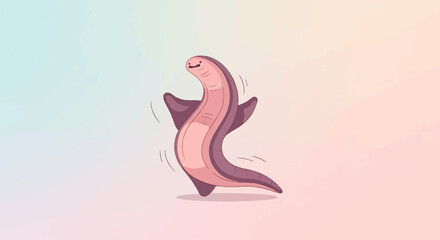 Fototapeta premium A stylized, pinkish creature with fins dances on a soft pastel gradient