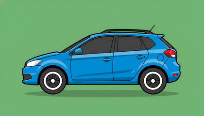 Blue Compact SUV Cartoon Illustration in Profile on Green Background

