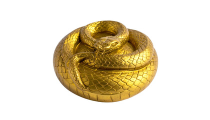 Intricate golden coiled snake atop a round base, isolated on black