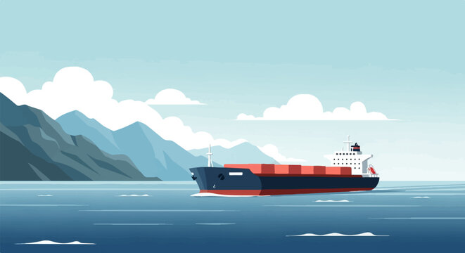 Cargo ship navigates calm waters near majestic mountains under cloudy sky