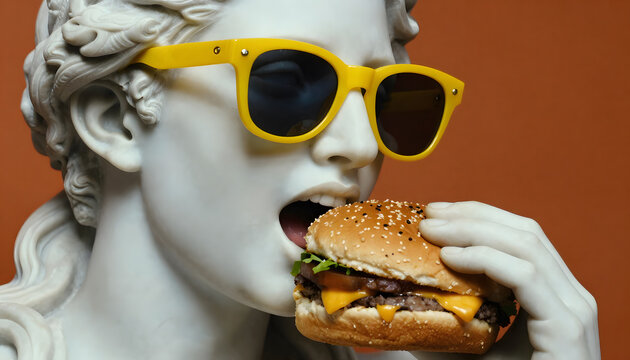 White antique male sculpture wearing yellow sunglasses biting a cheeseburger, close-up, macro shot, studio with orange-brown background.