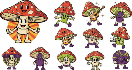 Fototapeta premium Cheerful cartoon mushrooms playing music and dancing with joy