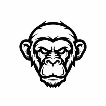 Black and white aggressive monkey head mascot logo illustration.