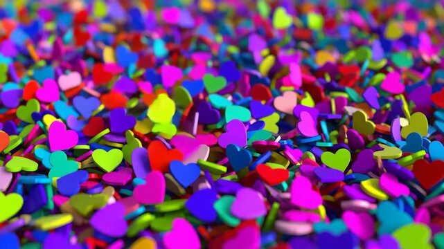 Vibrant pile of colorful heart shaped confetti and decorations for celebrations