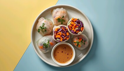 Fresh summer rolls with peanut dipping sauce, healthy vegan appetizer illustration on yellow and blue background, candid culinary art scene