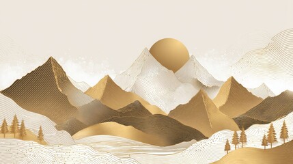 Fototapeta premium Gold mountain landscape with intricate line art, luxurious golden background, elegant design for cover, invitation, packaging, wall art, fabric, and print, vector illustration