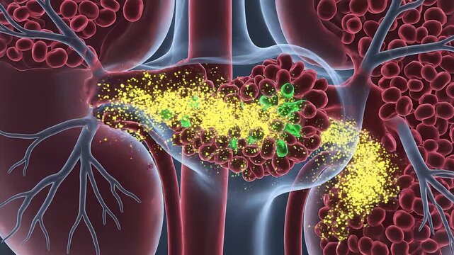 Glowing pancreas releasing insulin into bloodstream showing glucose regulation metabolism and diabetes medical science visualization