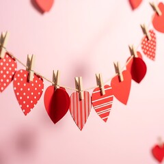 Colorful paper hearts strung together with clothespins on a pink background