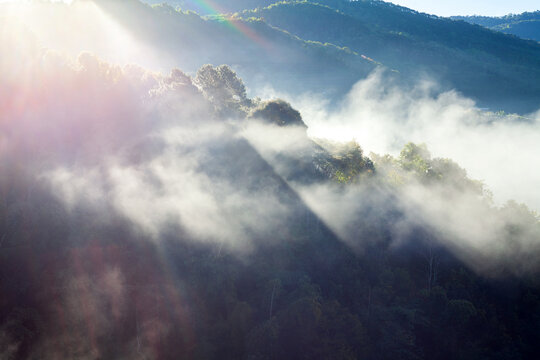 misty morning in the mountains with sunrise	