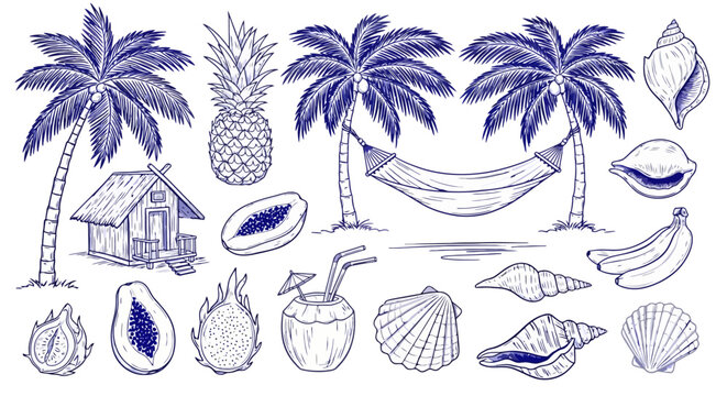 A detailed sketch of a tropical island scene, featuring palm trees, a hut, fruits, a hammock, and seashells, all rendered in a blue ink pen style.
