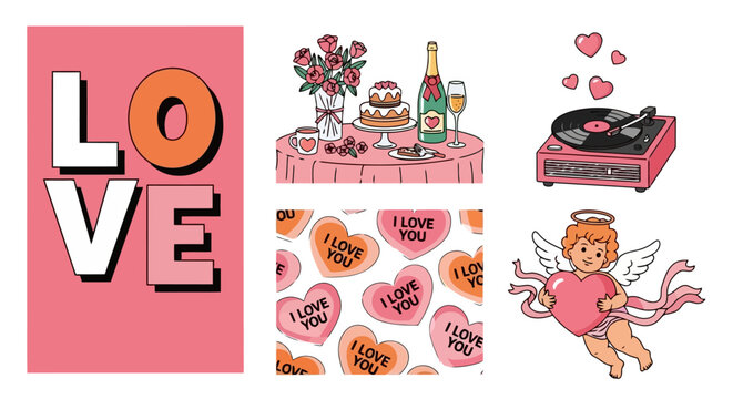 A collection of Valentine's Day themed illustrations including the word LOVE, a romantic table setting, a vintage record player, candy hearts, and a cupid.