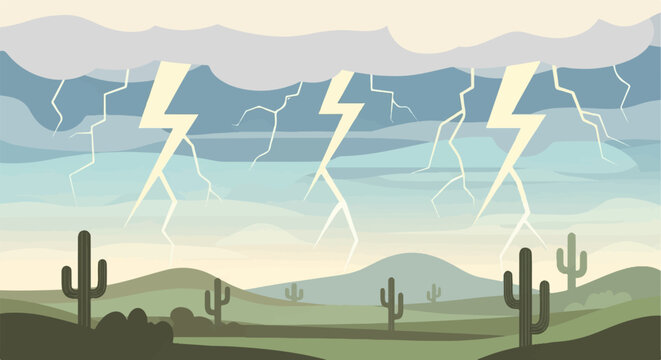 A stormy desert landscape with cacti and dramatic lightning strikes across the sky