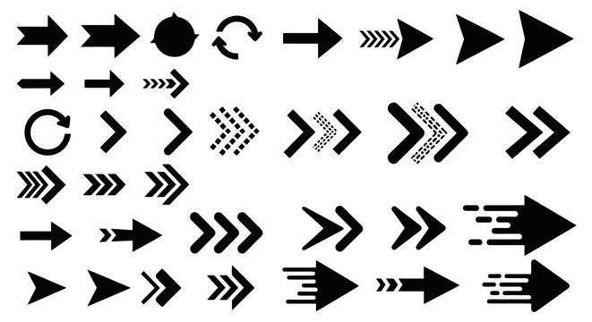 A comprehensive collection of diverse arrow icons, showcasing various styles and directions for digital and design applications.