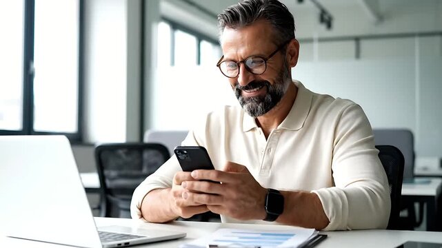 Happy mature gray haired man with beard and glasses smiling while using a smartphone for communication and browsing digital content in a bright modern office workspace
