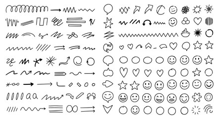 A comprehensive collection of hand-drawn doodle elements, including arrows, scribbles, stars, hearts, and smiley faces, presented in a black and white line art style. © Alfarizi