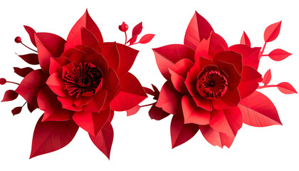 Two ornate red paper flowers with layered petals and surrounding foliage, on black backdrop