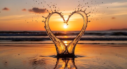 Serene sunset heart shape formed by waves crashing on the beach