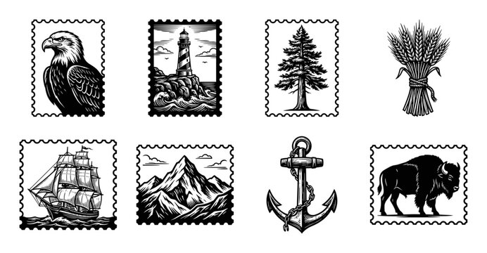 Vintage Linocut Nature and Maritime Postage Stamp Collection for Rustic Branding and Travel Ephemera