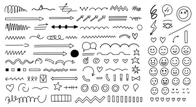 A large collection of hand-drawn doodle elements including arrows, lines, shapes, hearts, stars, and smiley faces.