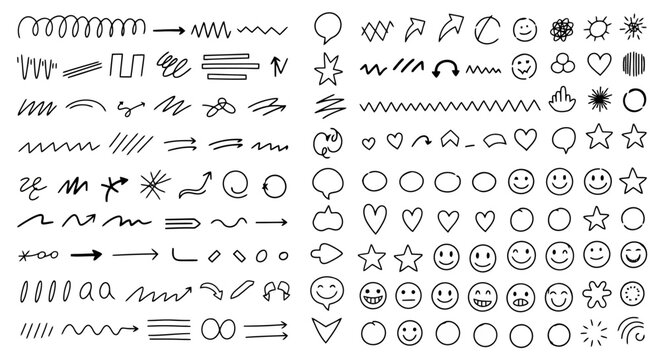 A comprehensive collection of hand-drawn doodle elements, including arrows, scribbles, stars, hearts, and smiley faces, presented in a black and white line art style.