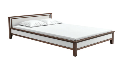 A low-profile bed with a white headboard, mattress, pillows, and wooden frame