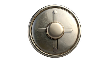 A detailed render of an antique, circular shield with cross-shaped design on a black backdrop